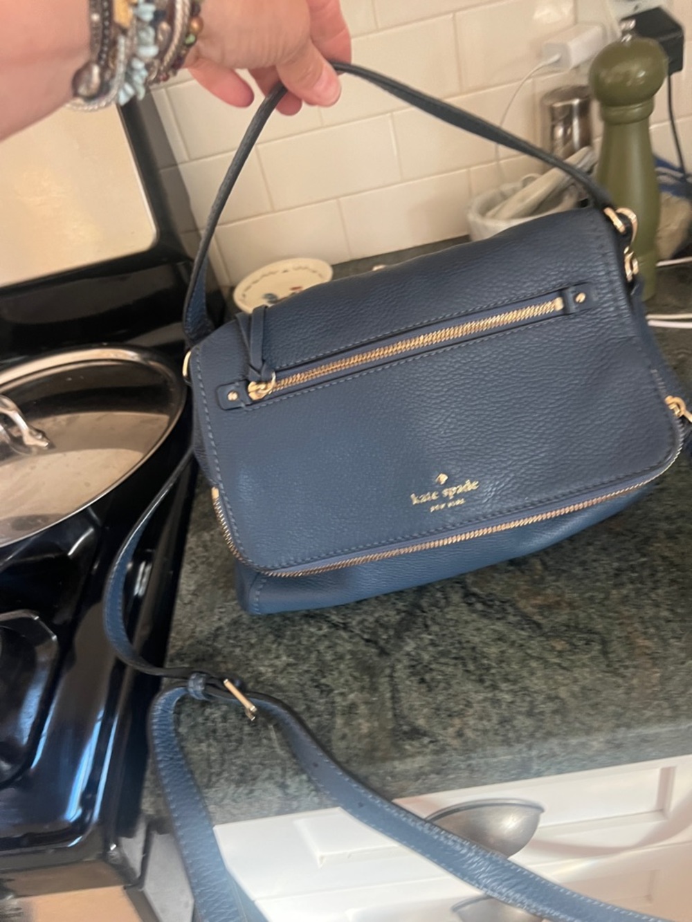 kate spade Pebbled Leather Crossbody in Navy with Gold Hardware
